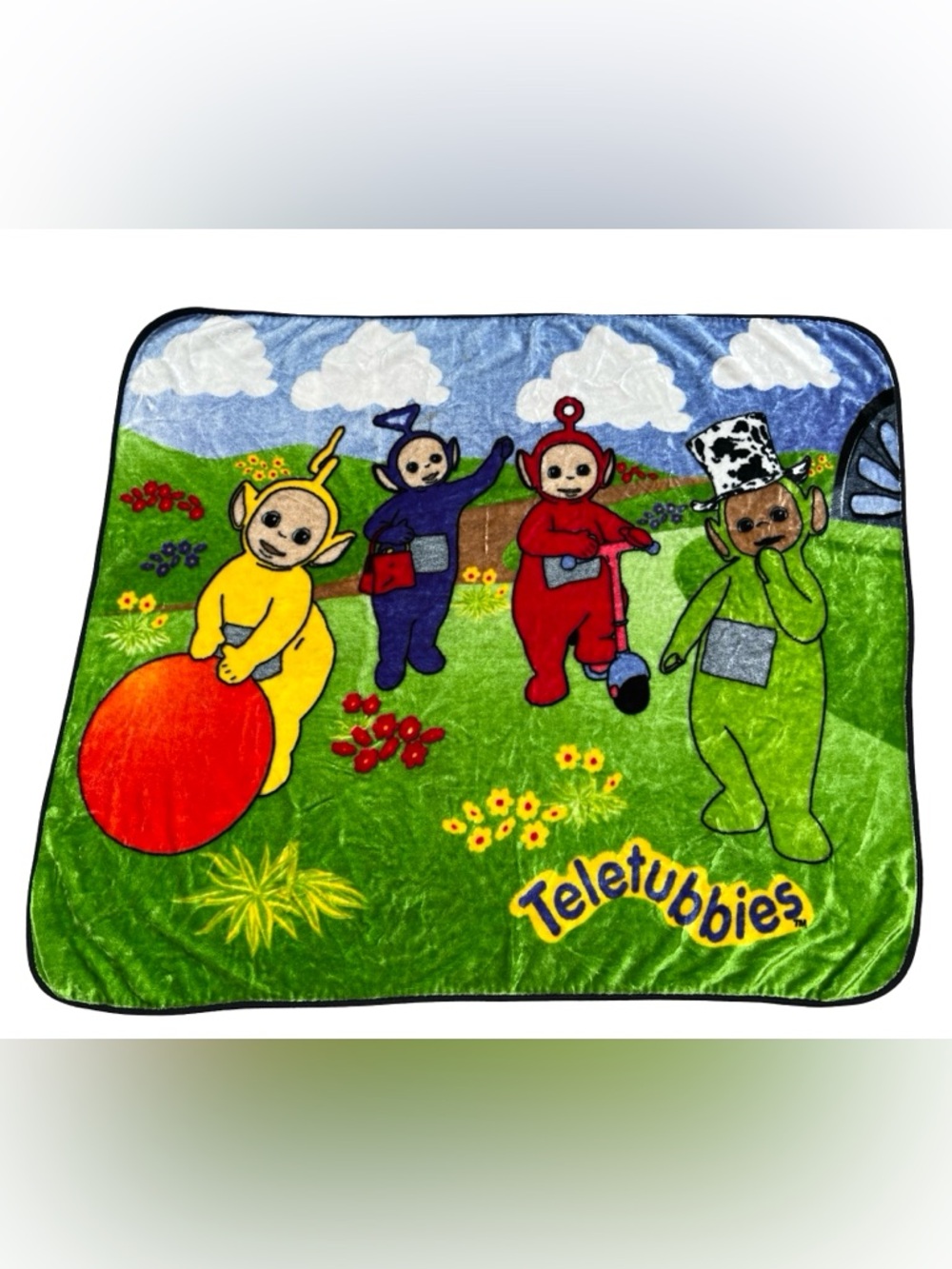 VTG 90s TELETUBBIES Plush Fleece Blanket 50x60” Tinky-Winky Dipsy Po Laa-Laa